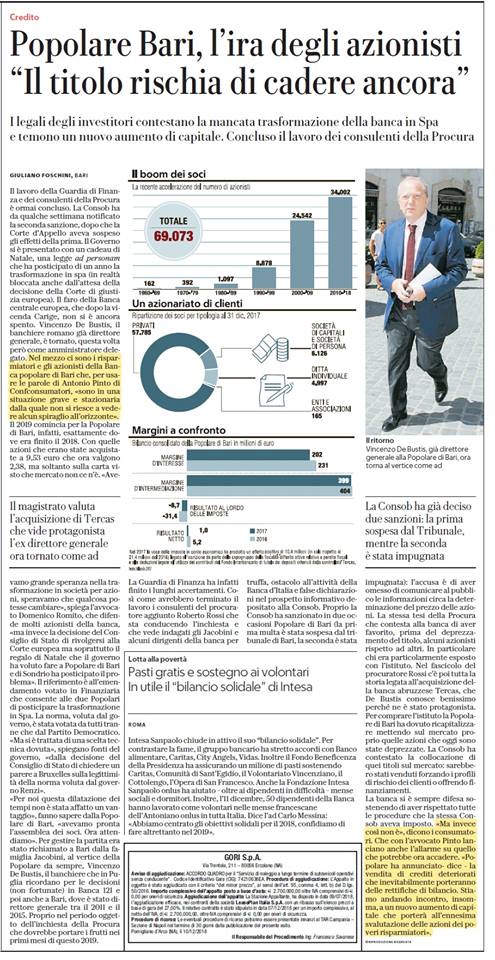 Intervista di Repubblica Economia al presidente di Confconsumatori Puglia avv. Antonio Pinto: per Banca Popolare di Bari i consulenti della Procura penale hanno concluso il loro lavoro. 70.000 azionisti attendono l'esito